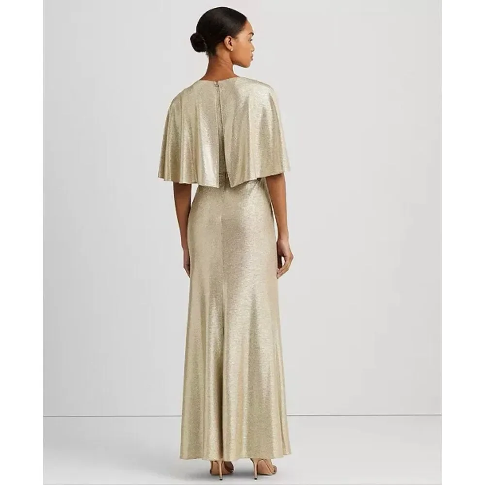 Lauren Ralph Lauren Twist-Front Foil Print Cape-Overlay Gown Gold/Tan 18 - Picture 3 of 7